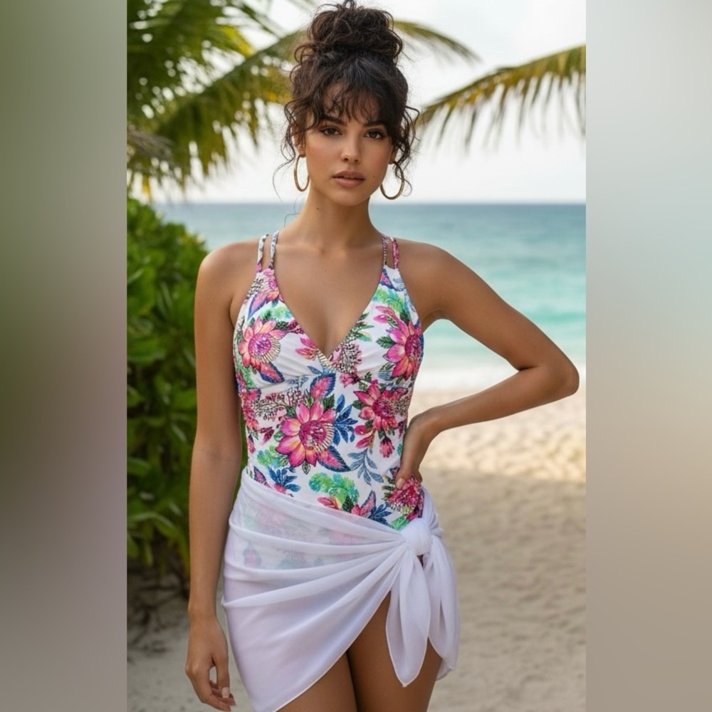 La blanca underwire cross back v neck swimsuit tankini floral  top size 4